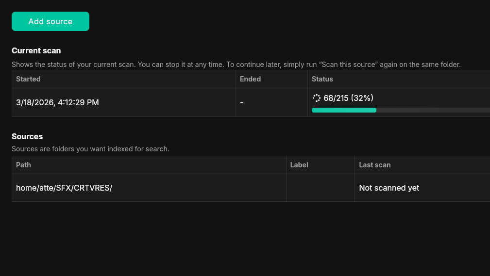SFX Stacks sources view showing library folders and scan status