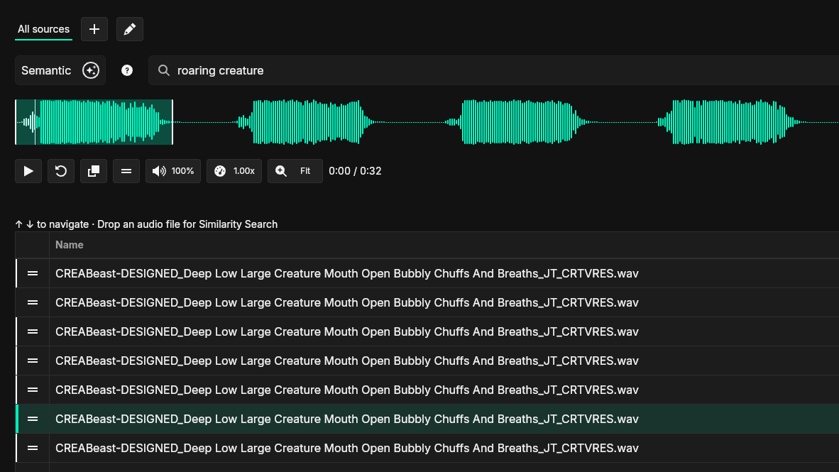 SFX Stacks search results for "roaring creature" with waveform preview and result list