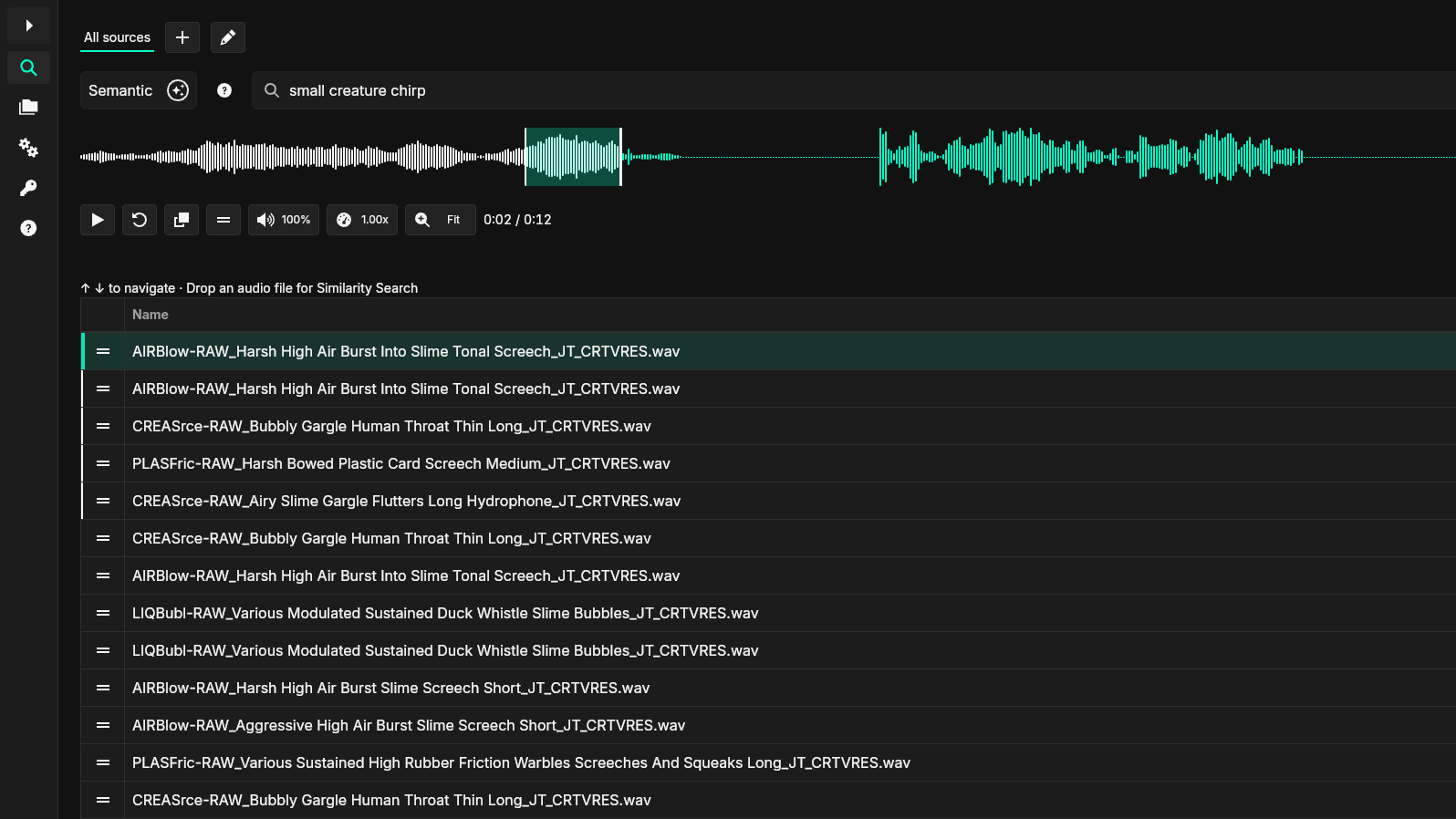 SFX Stacks search view showing results list, waveform preview, and search tools