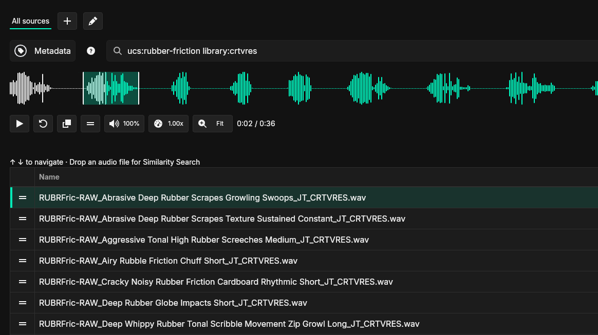 SFX Stacks metadata search showing filtered sound effect results and waveform preview