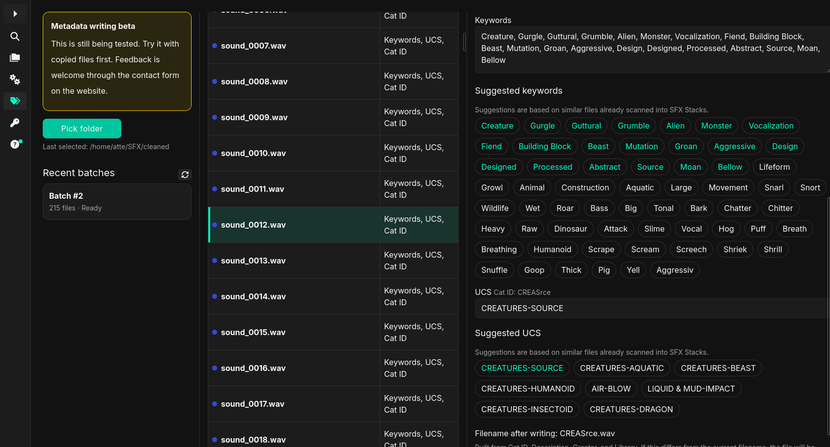 SFX Stacks metadata writing workflow showing suggested keywords and UCS entries for sound files