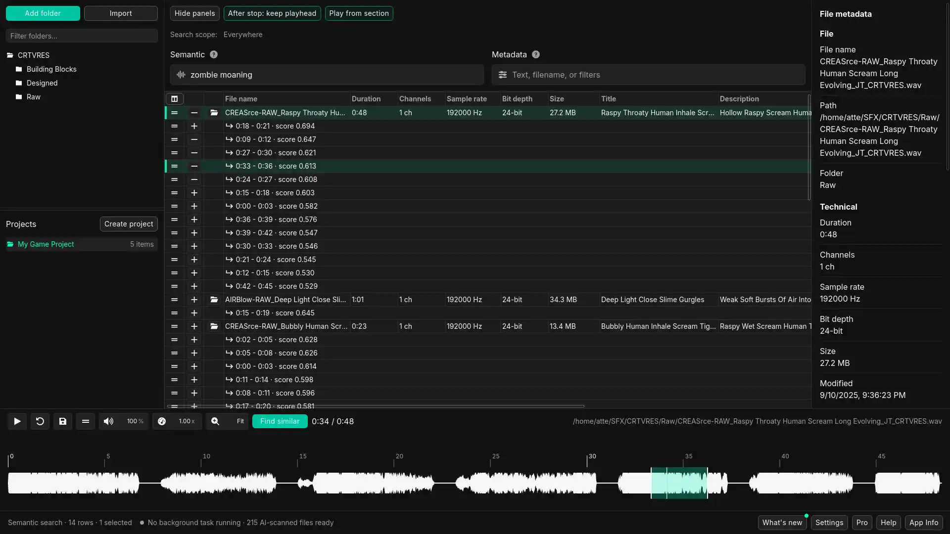 SFX Stacks showing local folders, search results, waveform preview, and file details in one desktop window